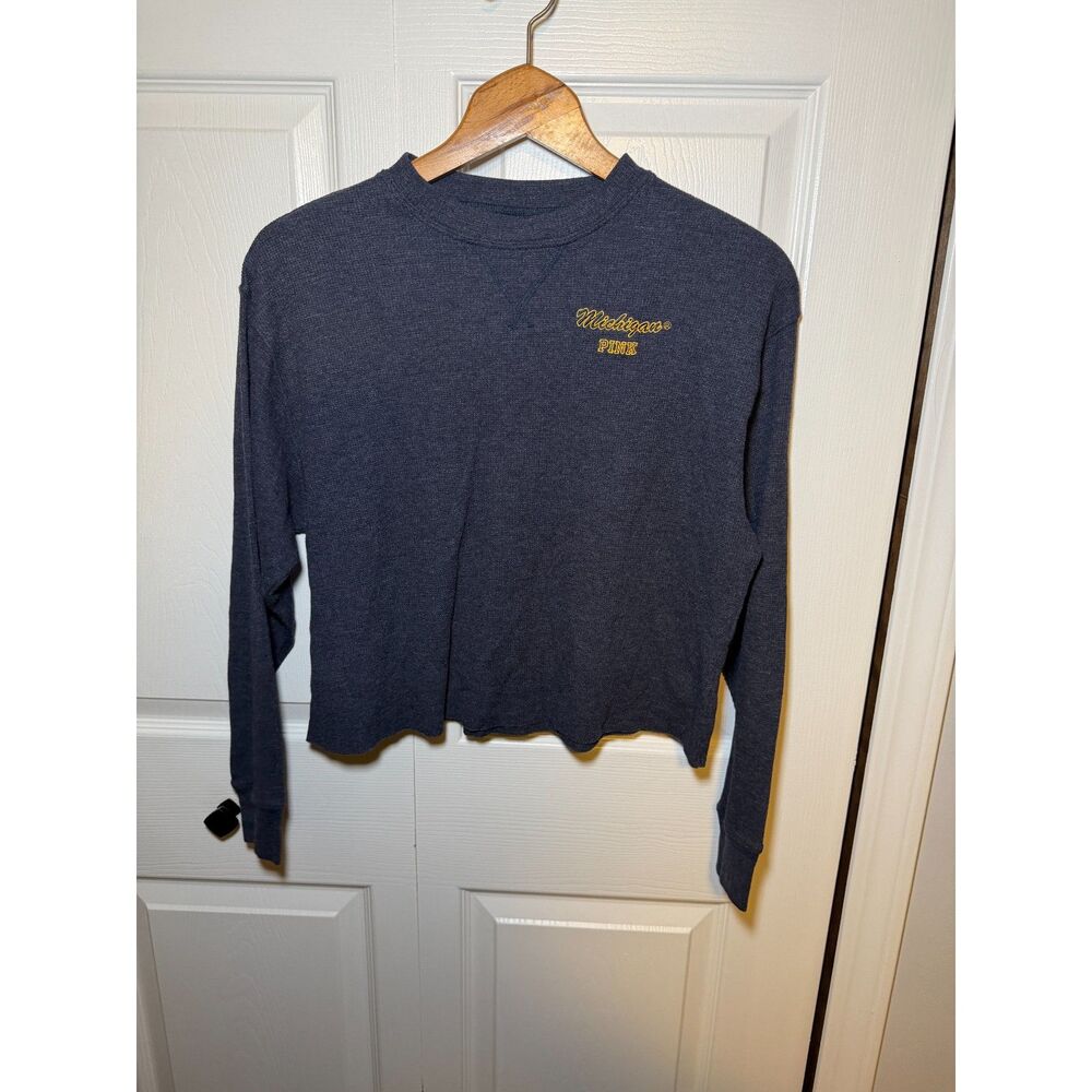 PINK Victoria's Secret Michigan Waffle Knit Crop Top XS Blue Long Sleeve